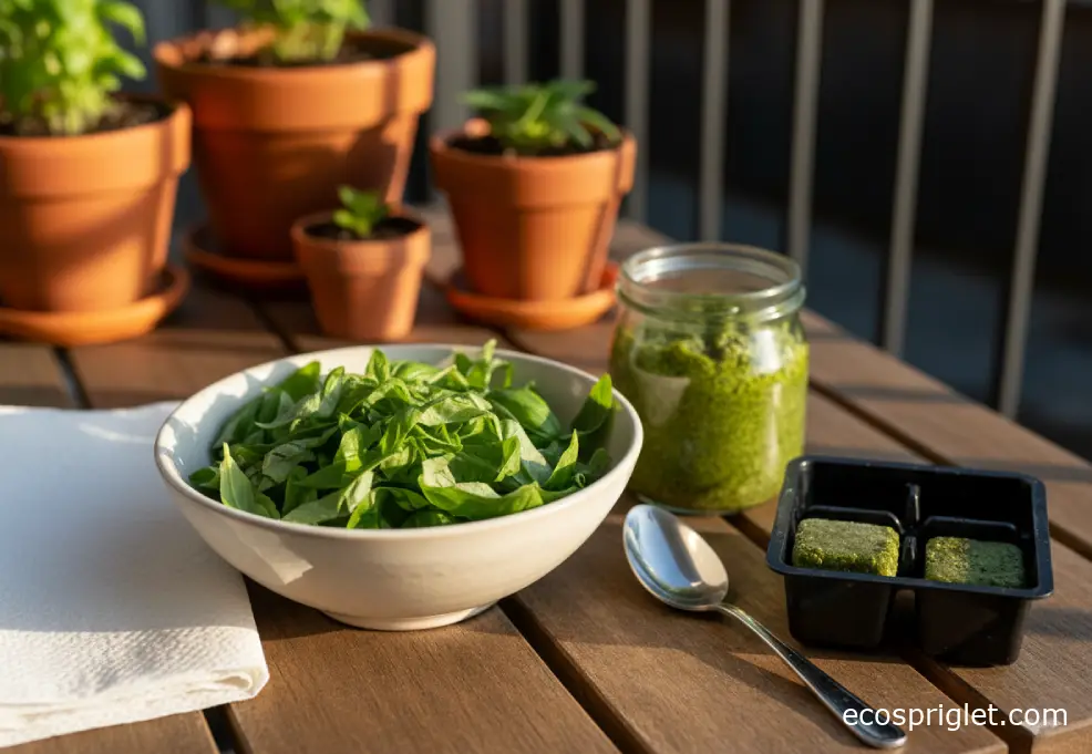 Bowl of basil leaves next to pesto and frozen basil cubes on a balcony table.