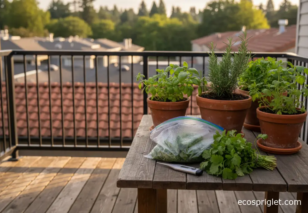 Close-up of a cilantro bunch beside a produce bag and condensation droplets on a small terrace table at golden hour.