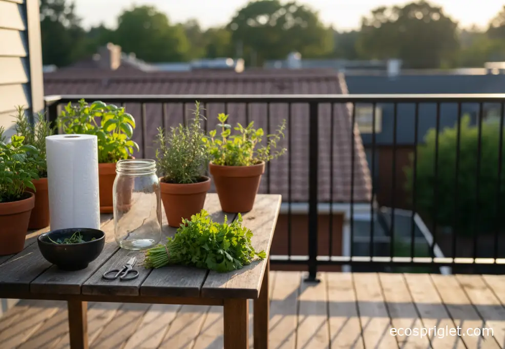 Fresh cilantro on a terrace table with scissors, paper towels, and a clean jar ready for prep in warm evening light.