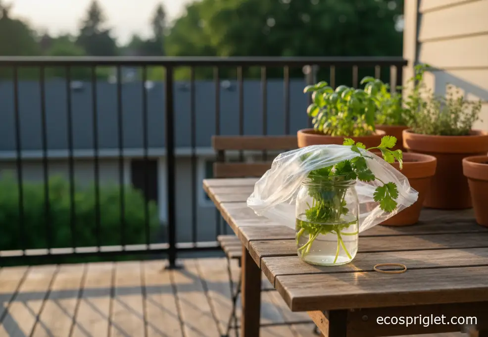 Cilantro stems standing in a glass jar with 1 inch of water, loosely covered with a produce bag on a terrace table.