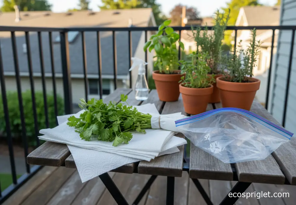 Cilantro rolled in layered paper towels beside a zip-top bag and terracotta herb pots on a terrace table.