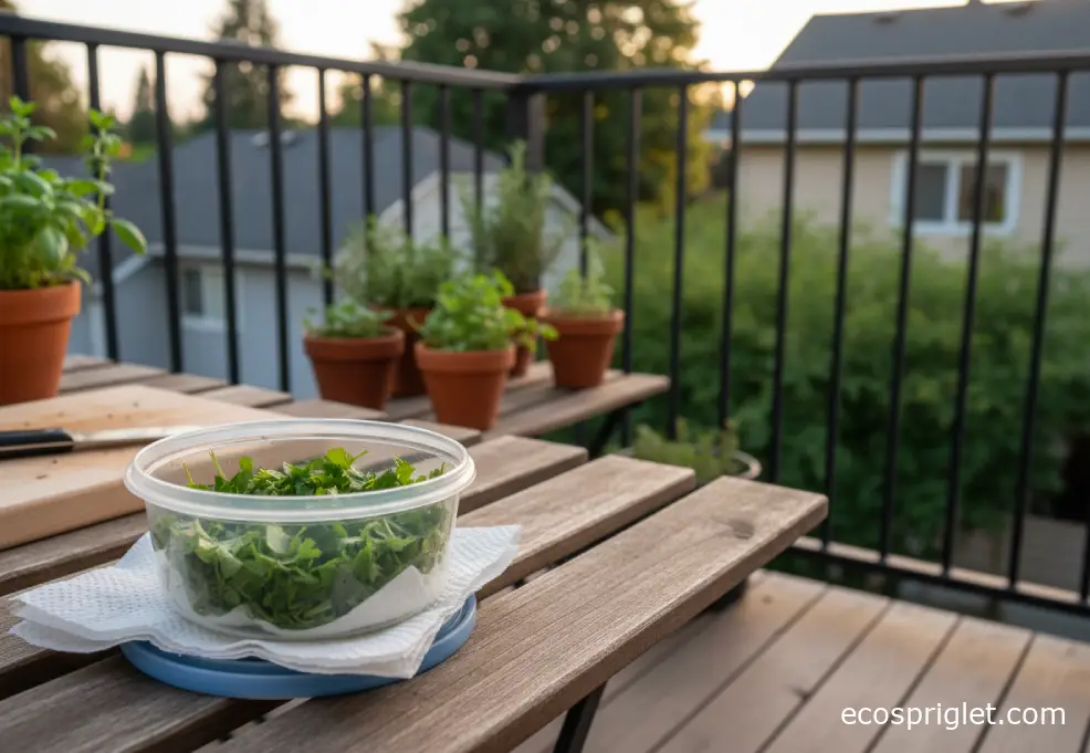 Chopped cilantro in a small lidded container lined with a paper towel on a terrace table near herb pots.