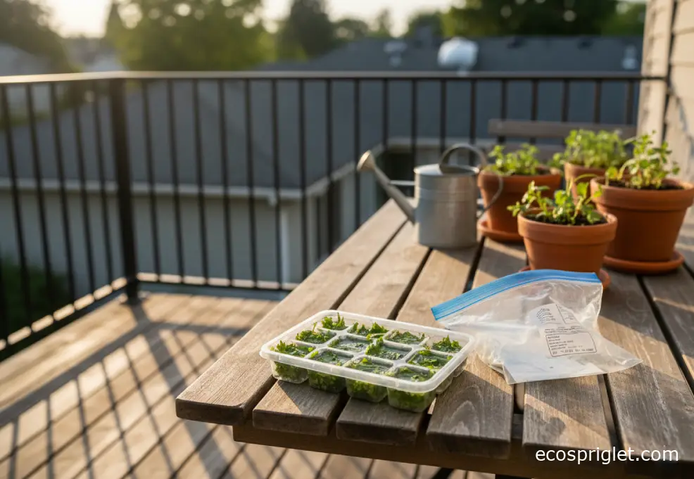 Ice cube tray filled with chopped cilantro and water beside a freezer bag and garden tools on a terrace table.