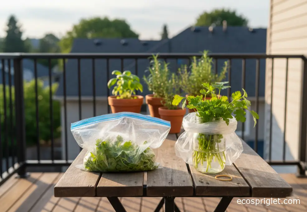 Cilantro in a sealed bag with heavy condensation beside a fresh jar setup on a terrace table, showing good vs bad storage.