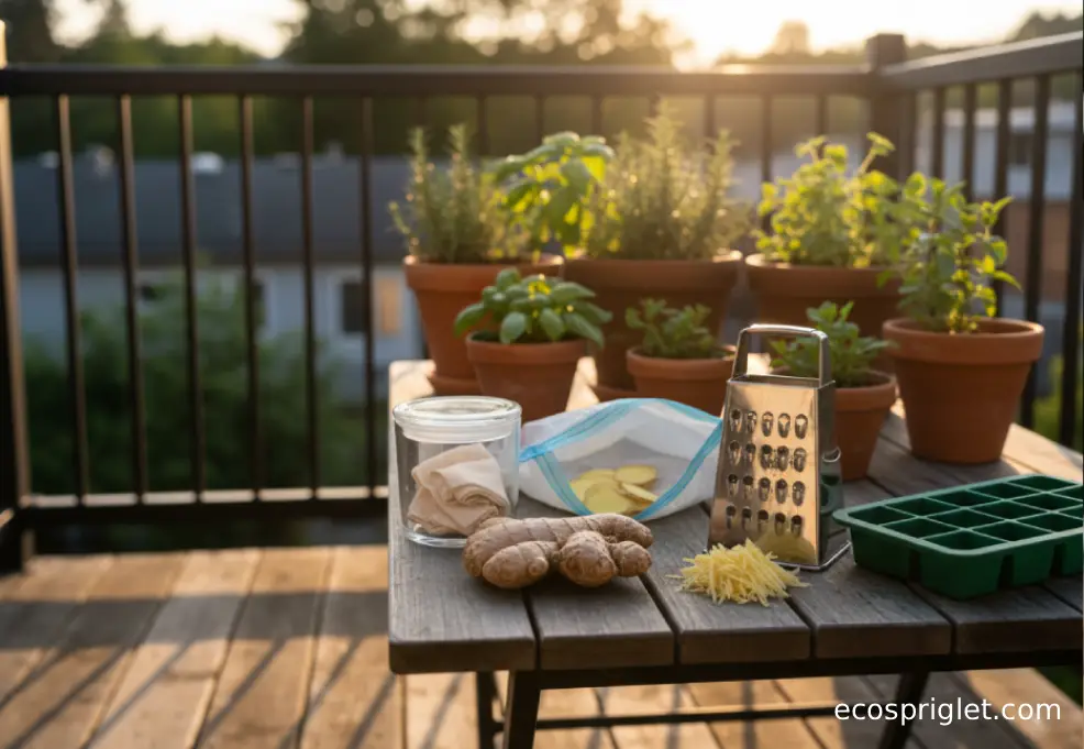 Fresh ginger root with a glass jar, paper towel, and ice cube tray on a small wooden terrace table in warm light.
