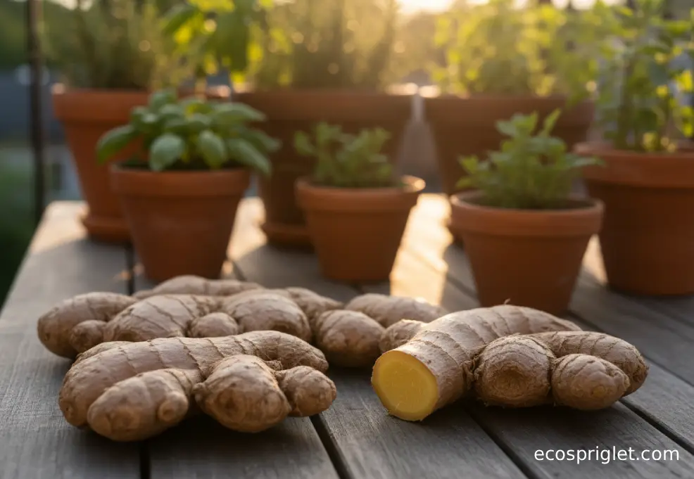Close-up of firm, smooth-skinned ginger root pieces on a wooden table with terracotta herb pots softly blurred behind.