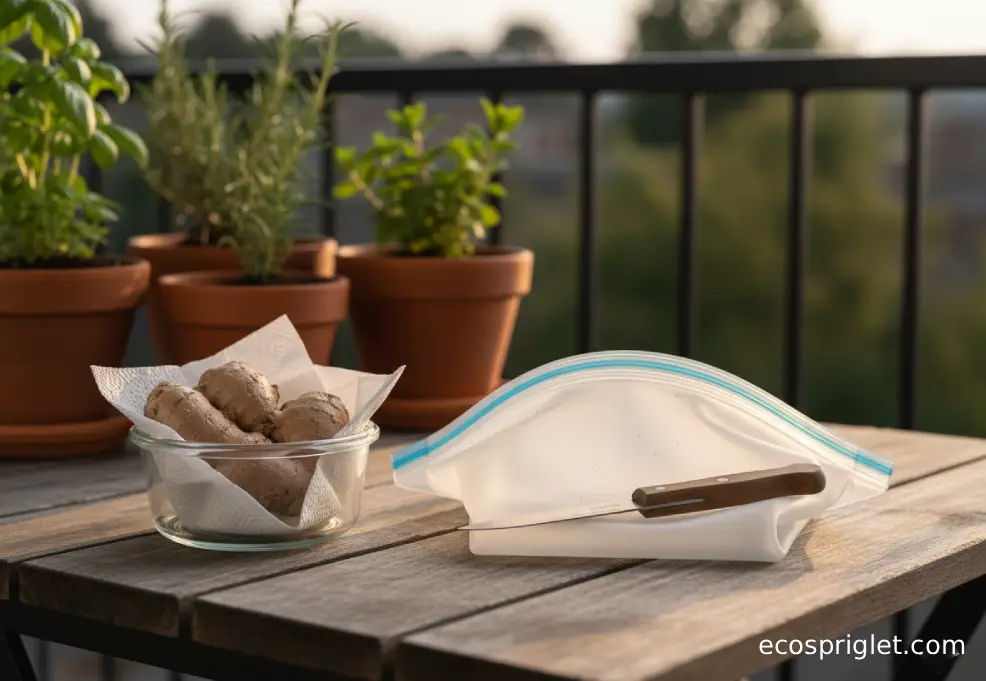 Ginger root wrapped in a paper towel inside a small glass container on a terrace table, ready for fridge storage.