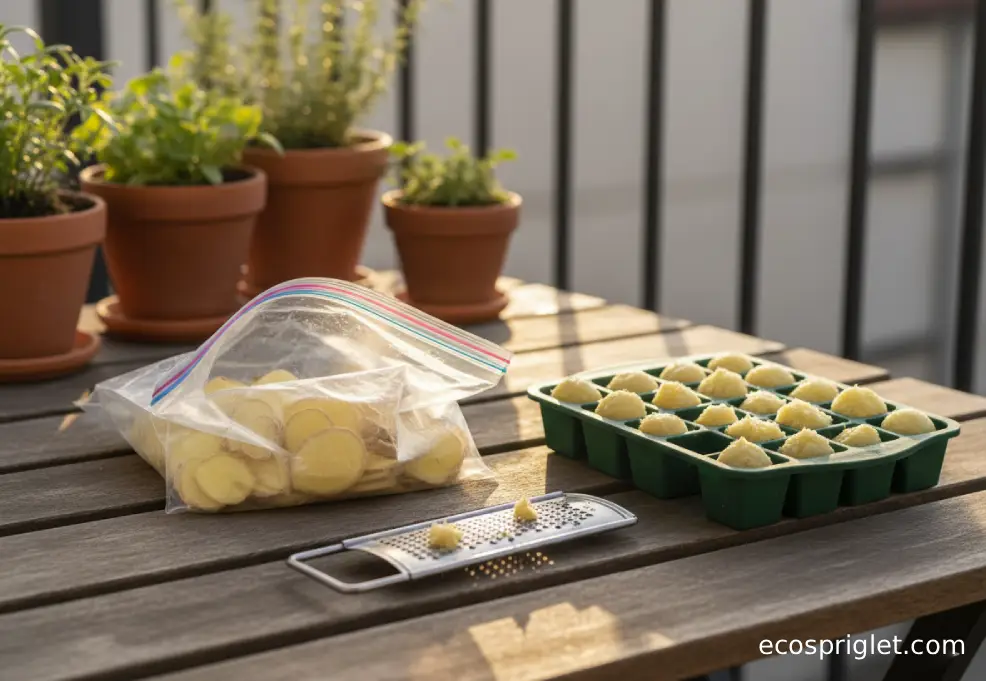 Frozen ginger slices and a small ice cube tray with grated ginger portions on a wooden terrace table with herbs behind.