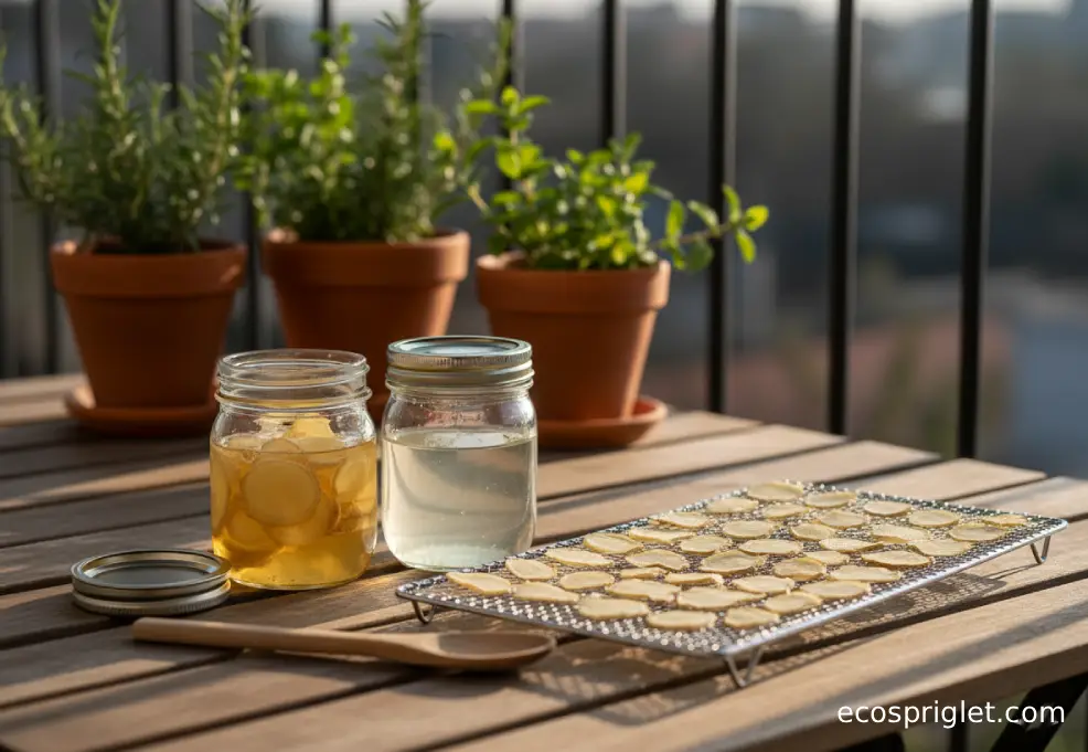Glass jars holding ginger slices in clear liquid and a small drying rack with ginger slices on a terrace table in warm light.