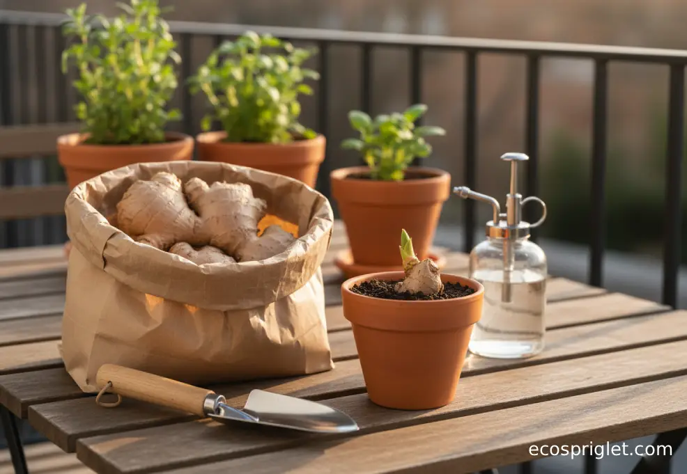Ginger rhizome resting in a brown paper bag beside a small pot of soil with a ginger bud starting to sprout on a terrace table.