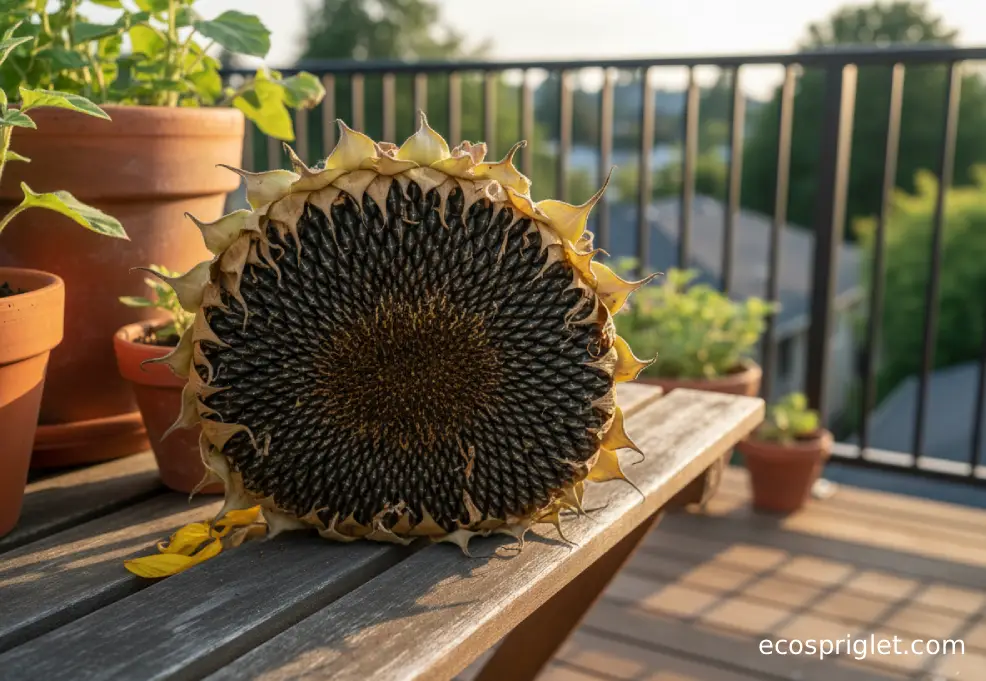 Close-up of a sunflower head with brown bracts and plump striped seeds on a terrace table.