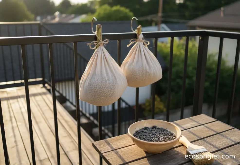 Dried sunflower heads hanging in cloth bags above a bowl of harvested seeds.