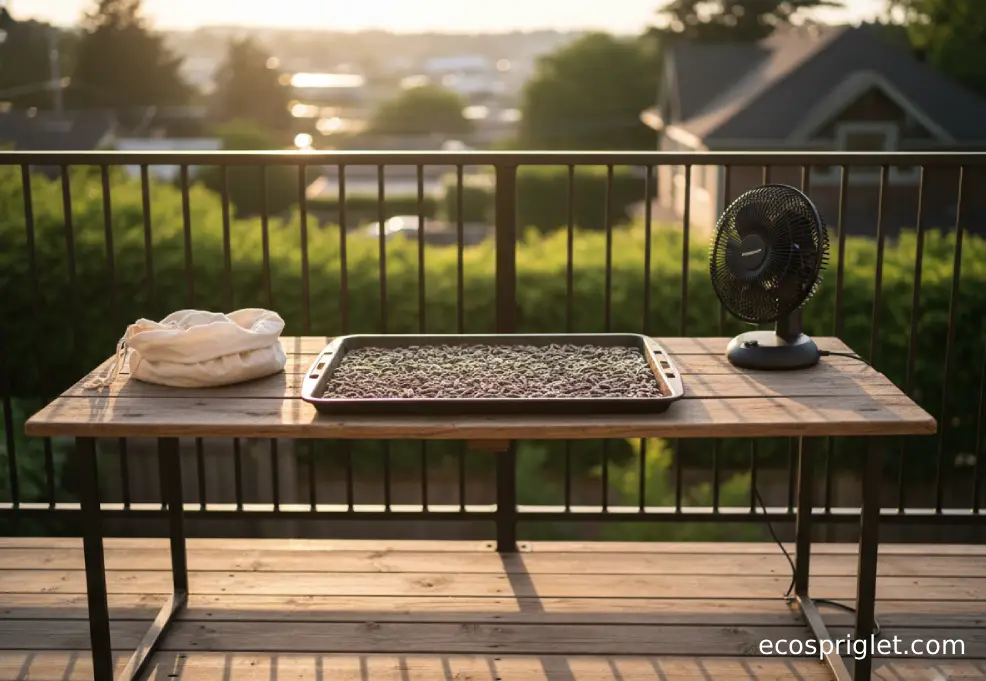 Sunflower seeds spread on a tray to dry next to a cloth bag and small fan on a terrace table.