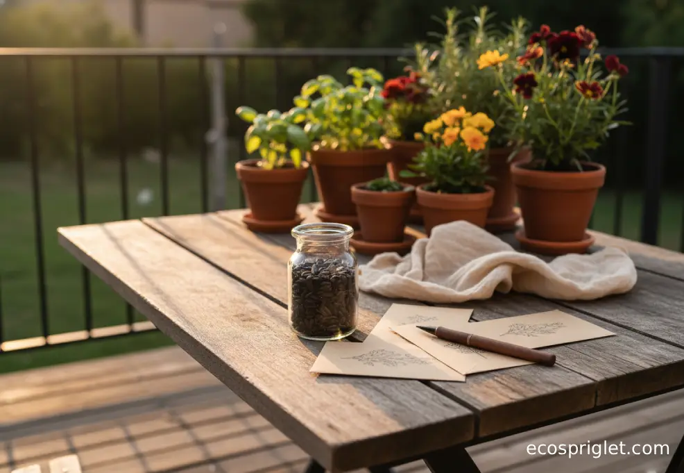 Glass jar of dried sunflower seeds with paper envelopes and a pen on a terrace table.