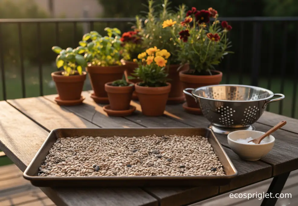 Sunflower seeds spread on a baking sheet with a bowl of salt on a terrace table before roasting.