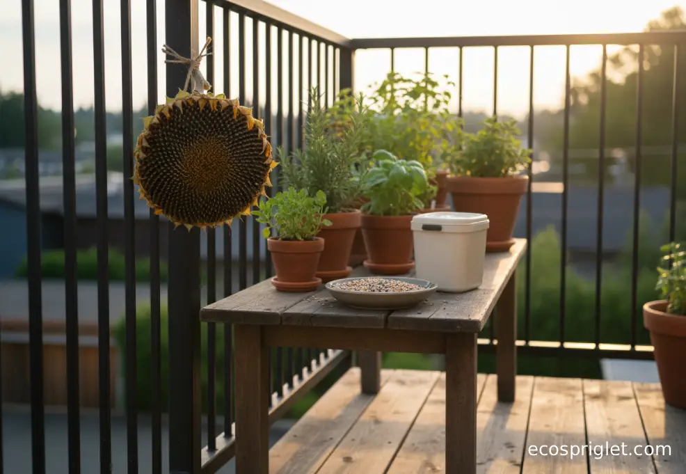 Dried sunflower head used as a natural bird feeder beside a dish of seeds on a terrace.
