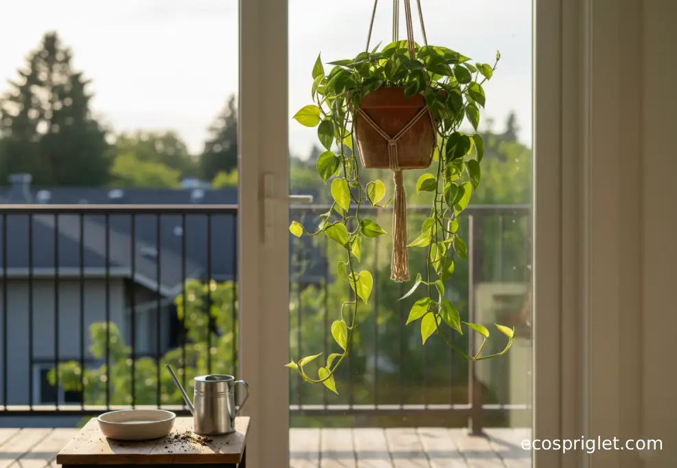 A trailing vine houseplant cascading from a hanging terracotta pot beside an apartment window at golden hour.