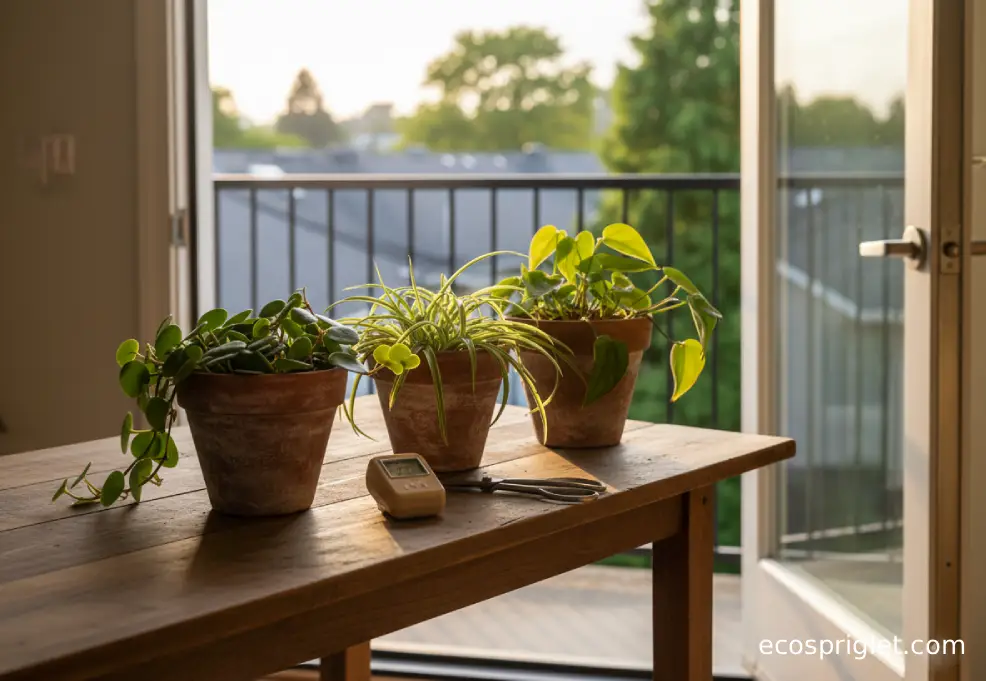 A small selection of trailing houseplants in terracotta pots lined up on a wooden table near a bright window.