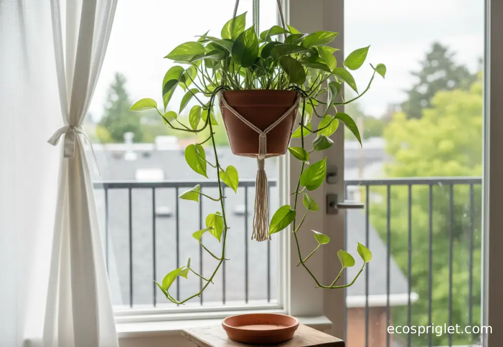 A trailing pothos hanging near a window with sheer curtains, with vines reaching toward the light.