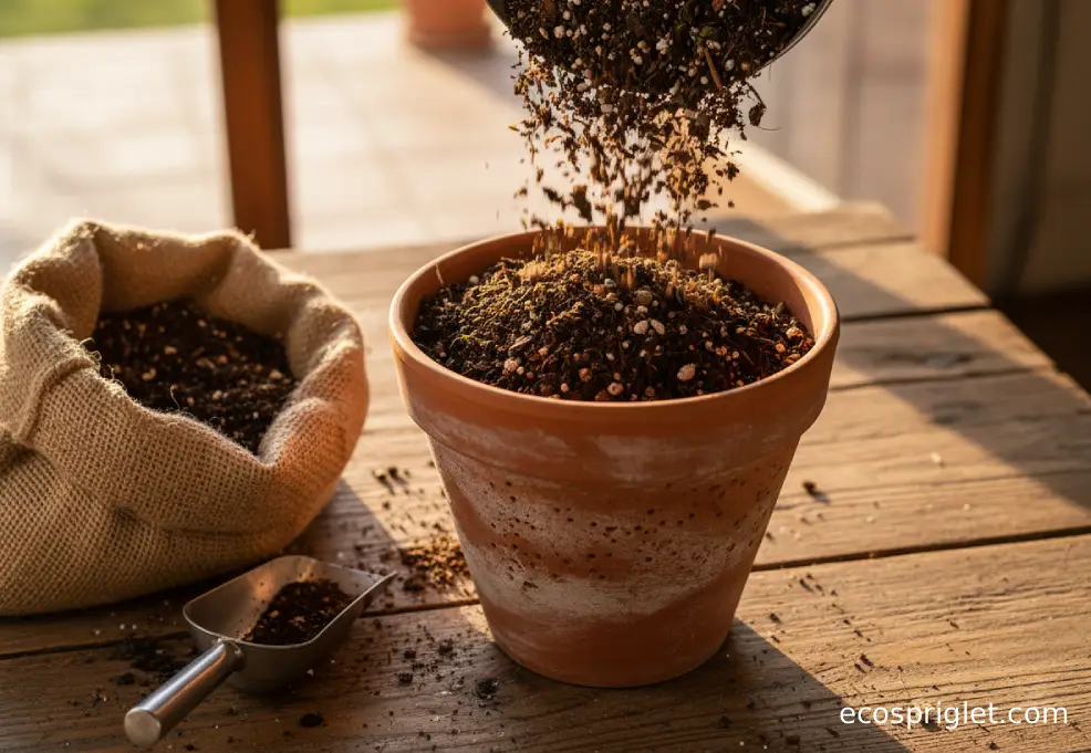 A terracotta pot being filled with fresh potting mix on a wooden table