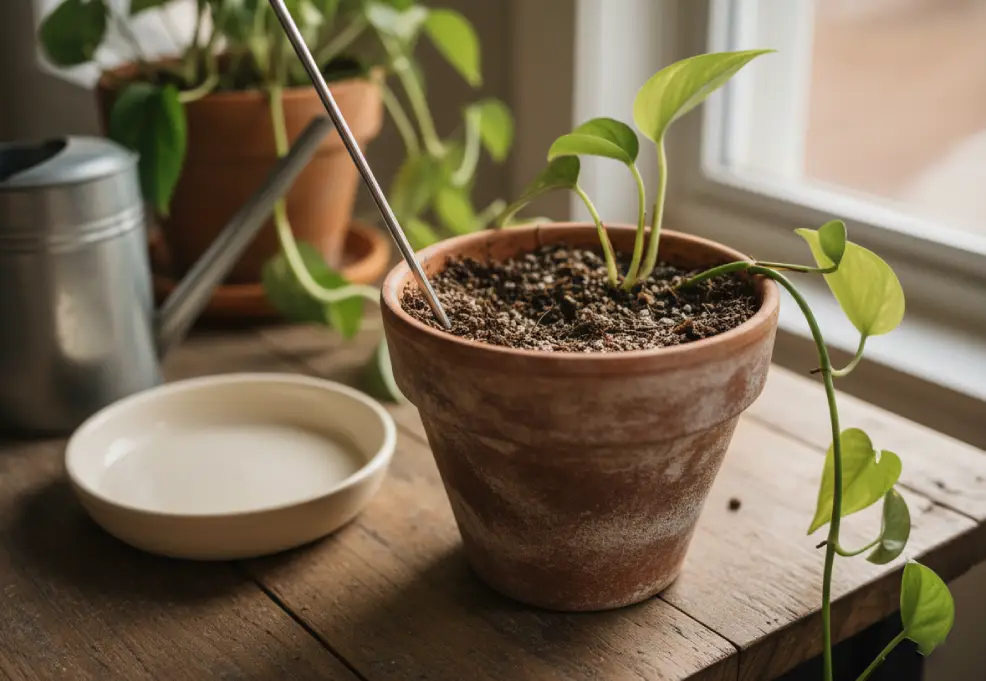 A moisture meter inserted into the soil of a hanging pothos in a terracotta pot on a wooden table.