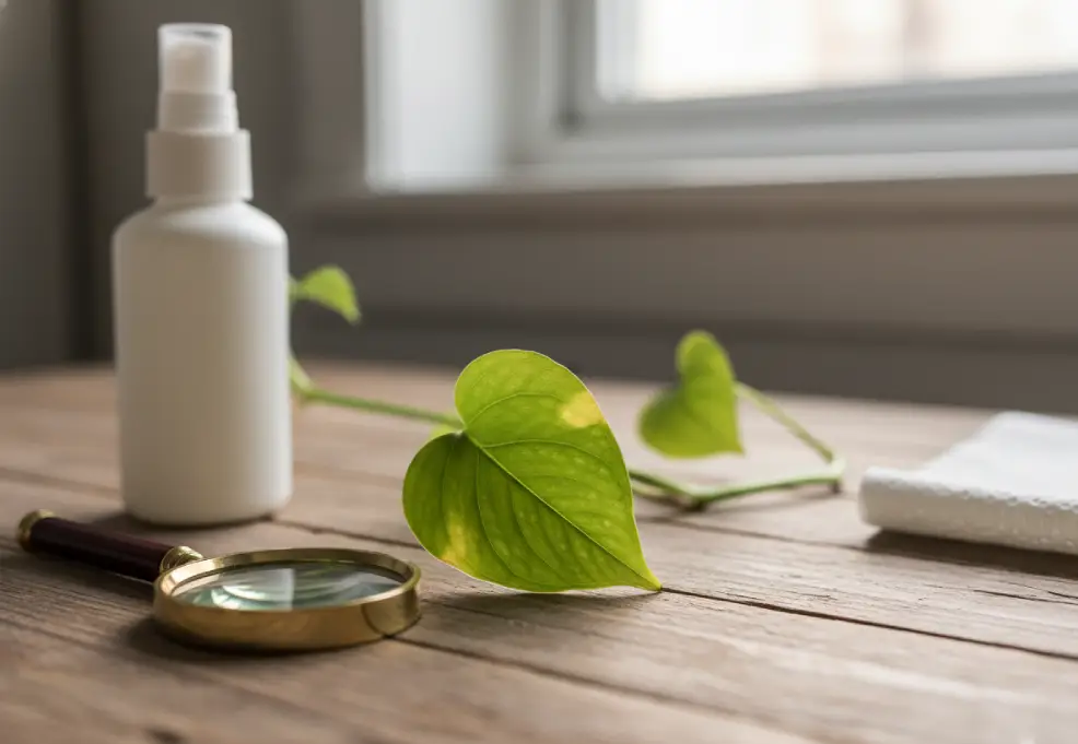 A close-up of a trailing plant leaf with yellowing edges beside a small magnifying glass on a wooden table.