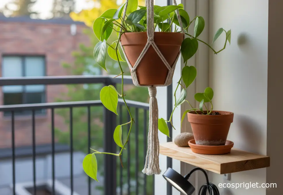 A macramé hanger holding a trailing plant above a wooden shelf with a drip saucer and a small grow light nearby.