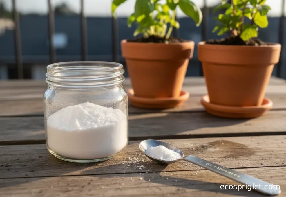 Close-up of a jar of baking soda and a measuring spoon on a balcony garden table with terracotta potted herbs behind.