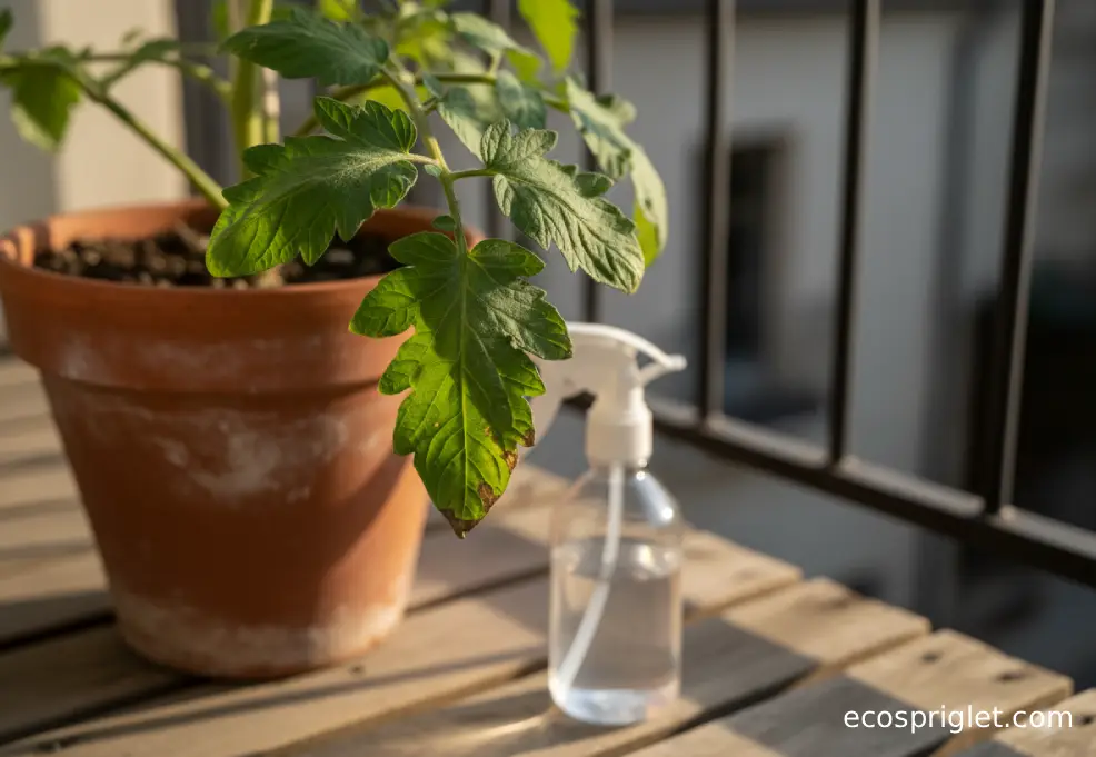 Tomato leaf with slight edge browning beside a spray bottle on a balcony garden, suggesting careful product testing.