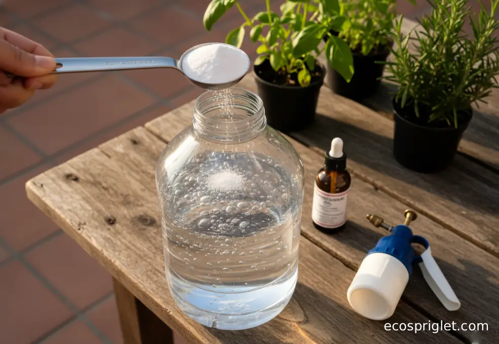 Baking soda being measured into a gallon jug of water beside horticultural oil and a hand sprayer on a balcony table.