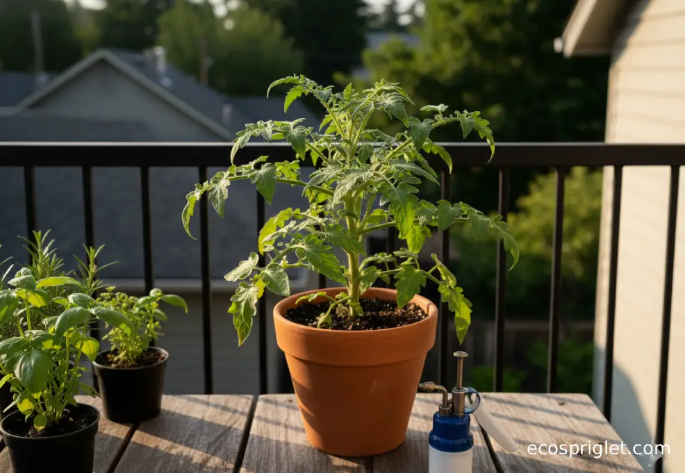 Potted tomato plant with a hand sprayer on a balcony and space between containers for better airflow.