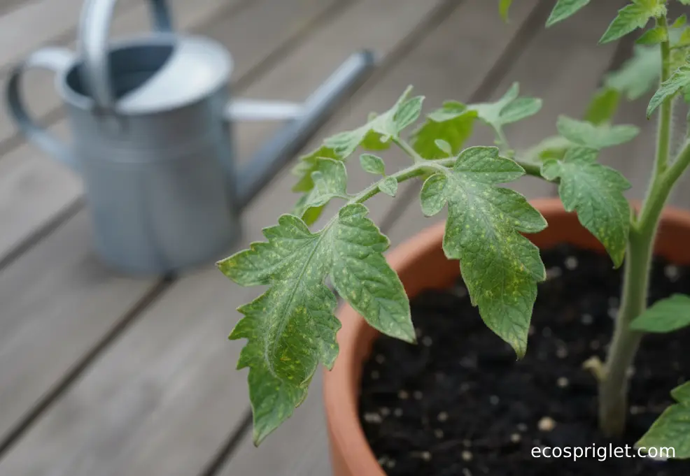 Close-up of tomato leaves with mild speckling and curl beside a watering can on a balcony garden.