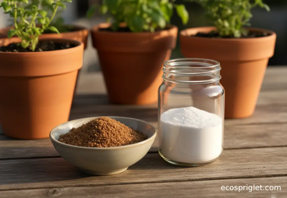 Bowl of brown sugar and a jar of baking soda on a balcony table beside terracotta potted plants.