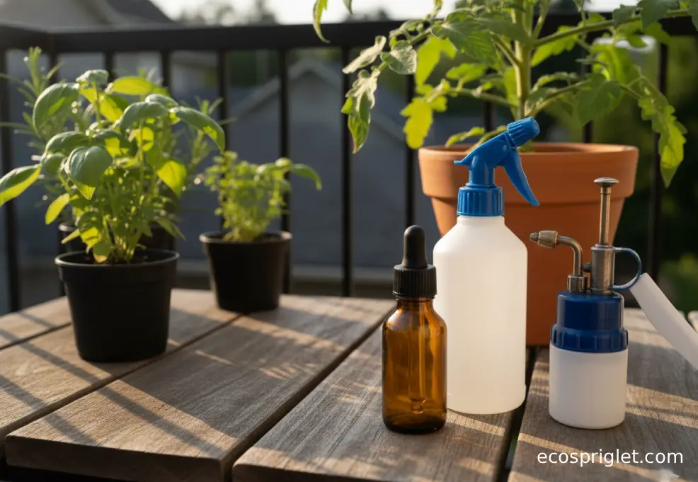 Neem oil and horticultural oil containers on a balcony garden table beside healthy potted plants.