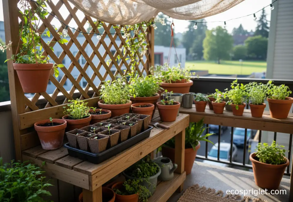 Biodegradable seedling pots arranged on a compact apartment terrace potting bench.