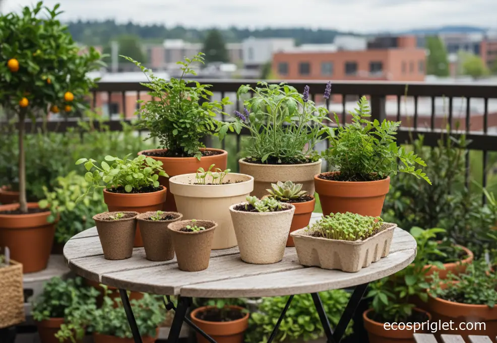 Different biodegradable plant containers compared on a small terrace table.