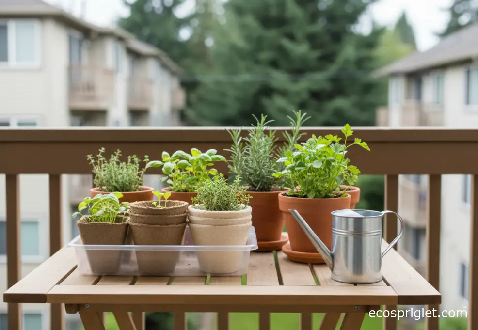 Biodegradable pots in a shallow tray on a tidy apartment balcony.
