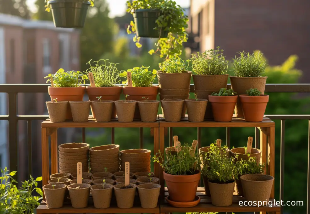 Biodegradable seed starter pots and flower pots on a compact terrace shelf.