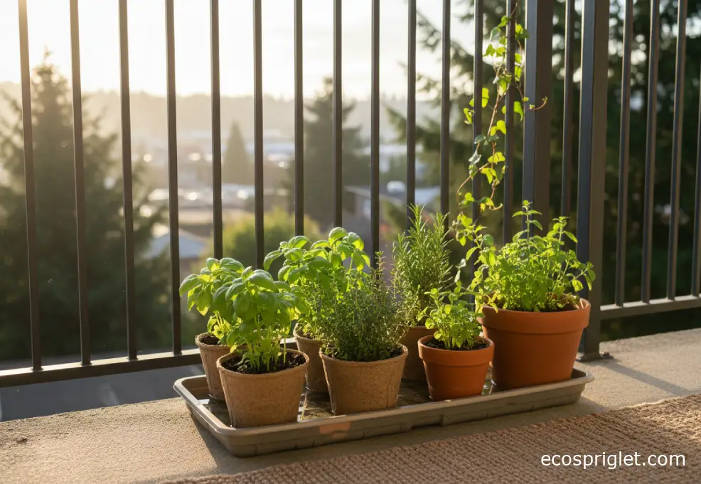 Apartment balcony seed starting setup with biodegradable pots and a shallow tray.