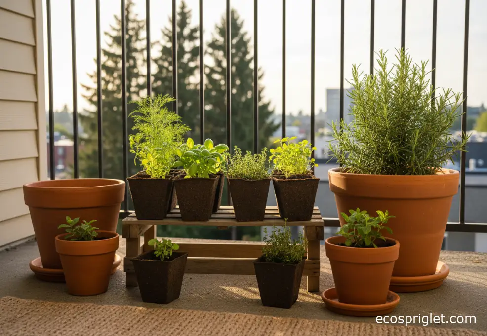 Composted manure seedling pots on a small balcony potting shelf.