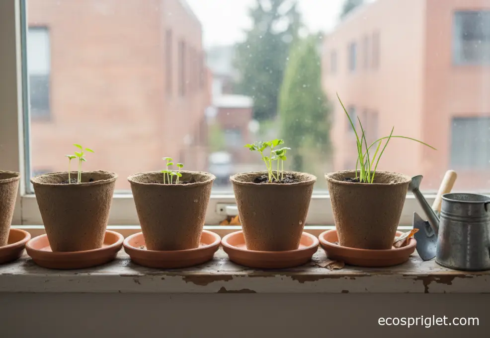 Small peat-free seed starting pots beside herbs on an apartment windowsill.