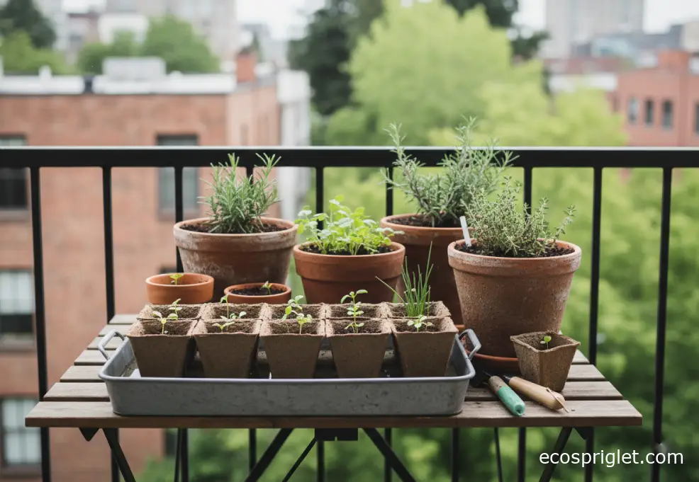 Classic peat seedling pots on a balcony table with a watering tray.