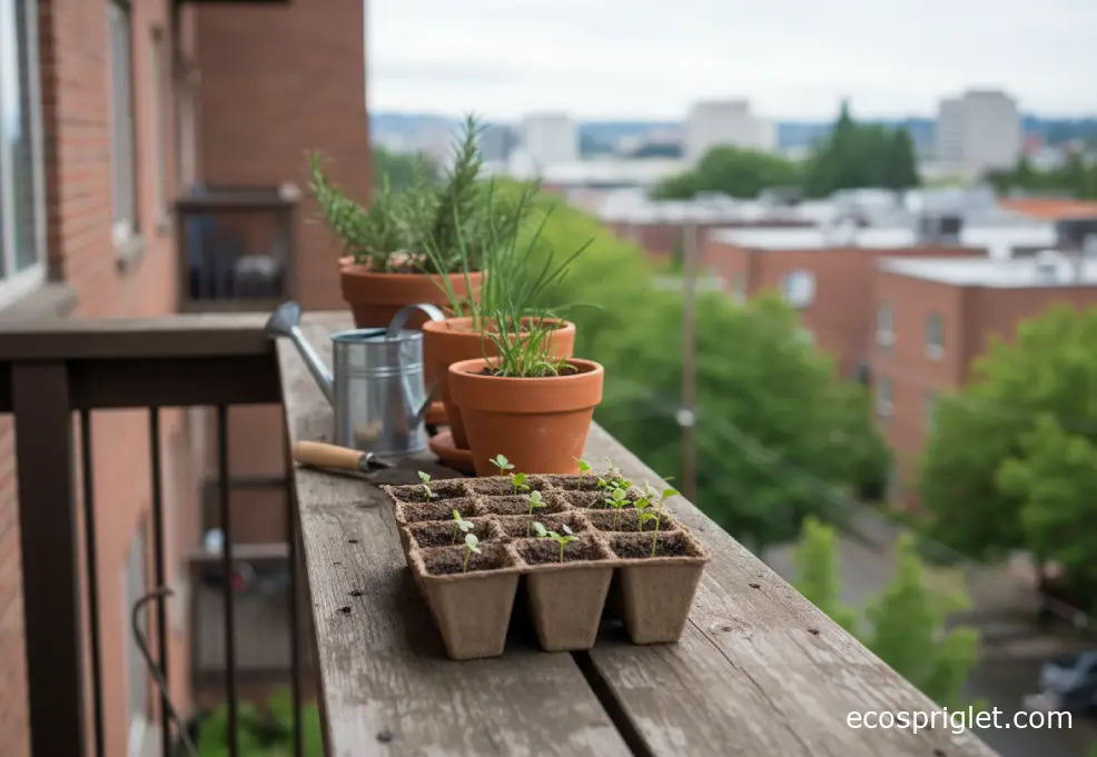Biodegradable seedling tray cells on a narrow apartment balcony shelf.