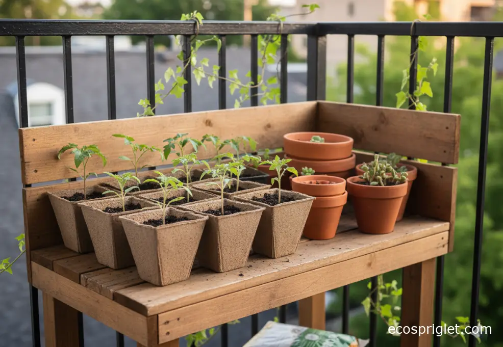 Four inch biodegradable pots with tomato seedlings on a compact terrace bench.