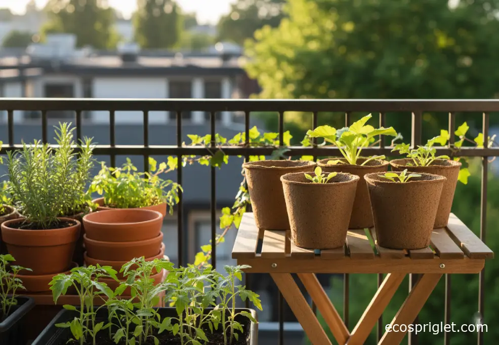 Large biodegradable peat pots arranged beside balcony vegetable seedlings.