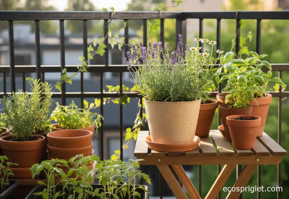 Rice hull flower pot on a small apartment balcony with herbs and terracotta pots.