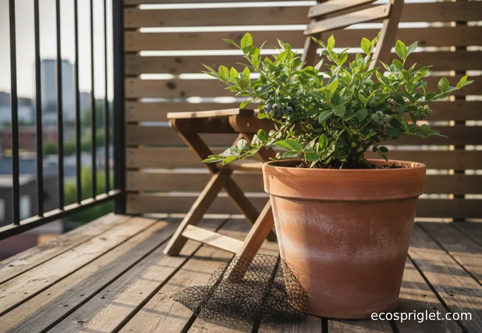 A terracotta blueberry pot sits as a centerpiece in a small terrace nook with folded bird netting nearby.