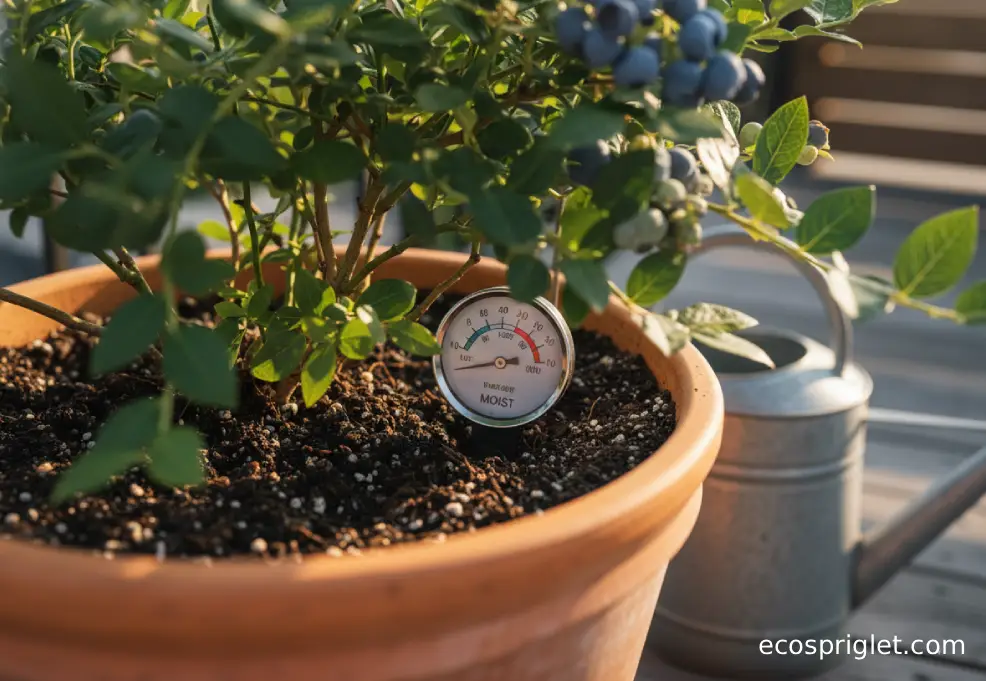 A moisture meter checks potting mix moisture in a blueberry container with a watering can nearby.