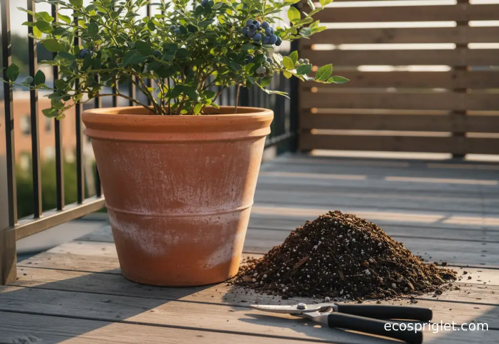 Fresh potting mix is prepared for topdressing a blueberry plant in a terracotta pot with hand pruners nearby.