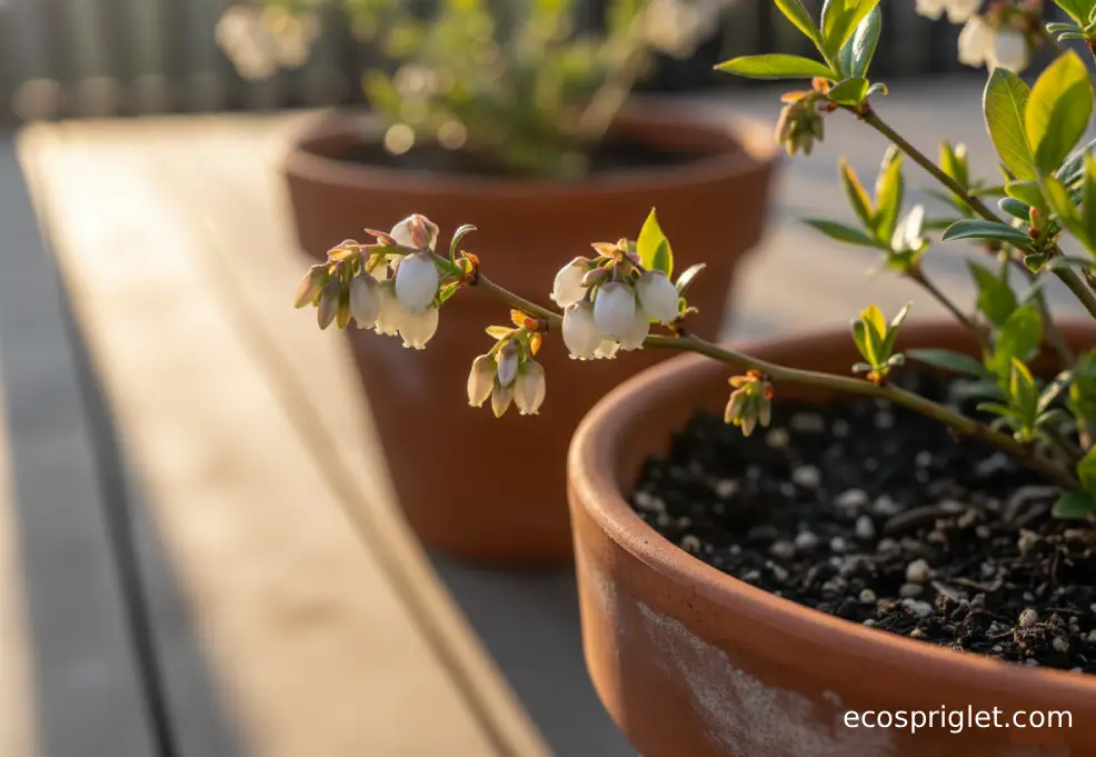White blueberry blossoms appear on a potted blueberry plant with another pot softly blurred behind it.